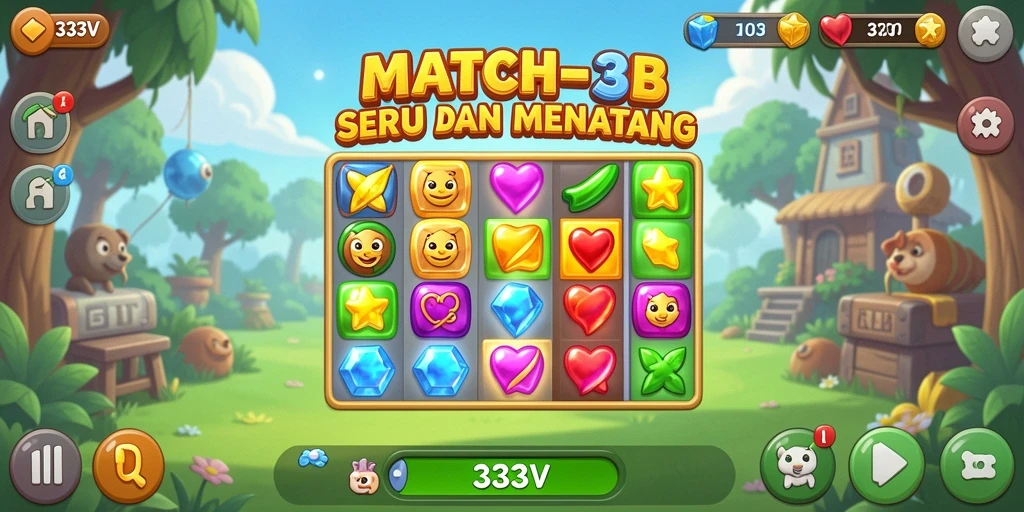 Tampilan gameplay Match-3 yang seru dan menantang di 333V.