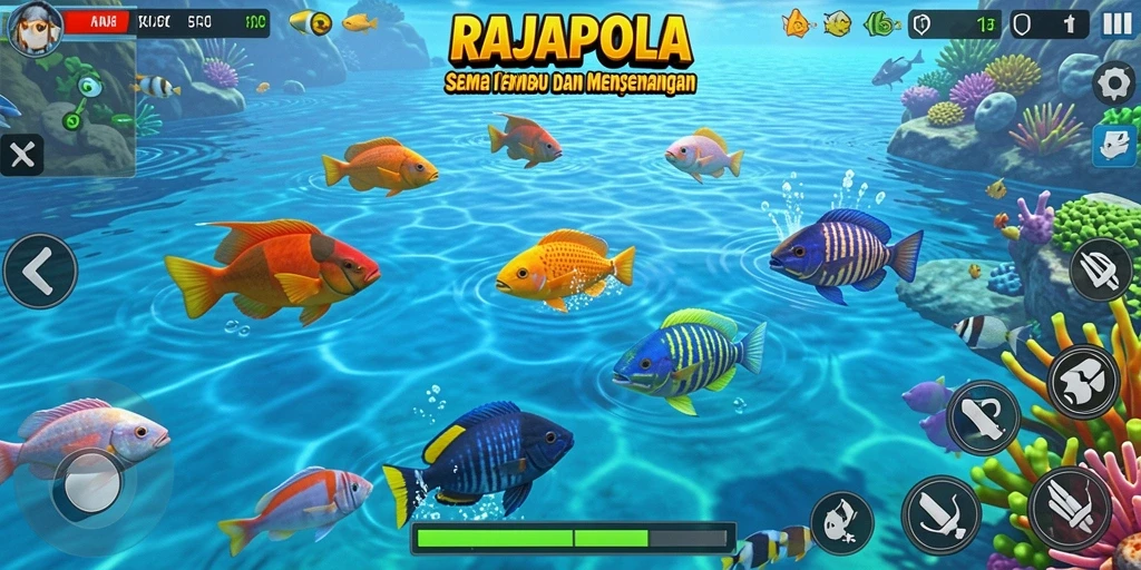 Screenshot gameplay RAJAPOLA yang menunjukkan menembak ikan dengan senjata.