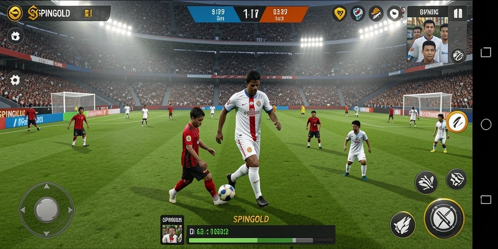 Tampilan gameplay menarik dari SPINGOLD yang penuh aksi di lapangan sepak bola.