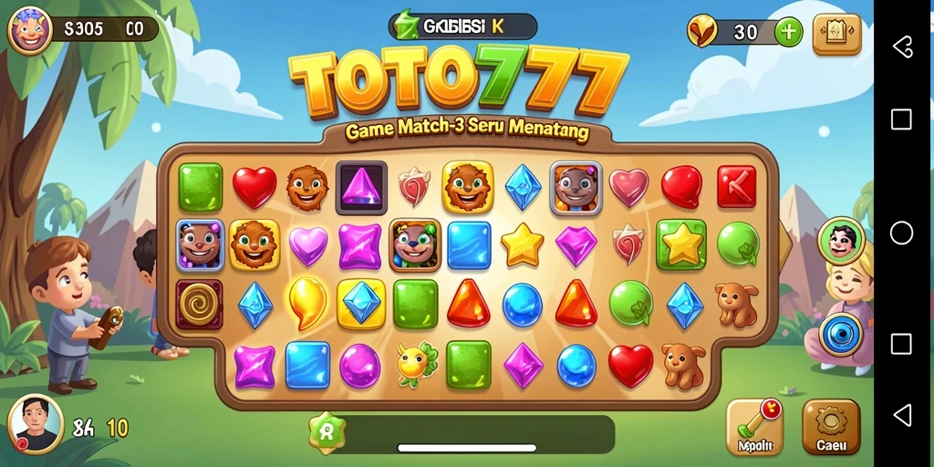 Screenshot utama TOTO777 menampilkan gameplay Match-3 yang seru.