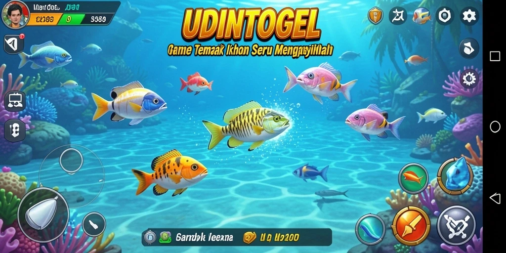 Tampilan gameplay UDINTOGEL saat menembak ikan di lautan.