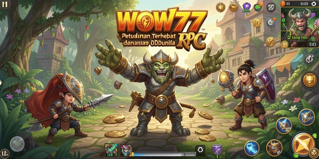Screenshot WOW77 menampilkan karakter dalam pertempuran epik dengan latar belakang yang menawan.